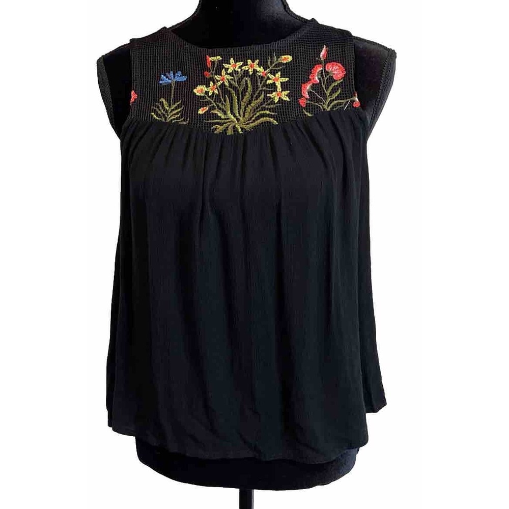 Blue Rain XS Sleeveless Top Black Floral Embroidered Mesh Yoke Boho Tie Back‎